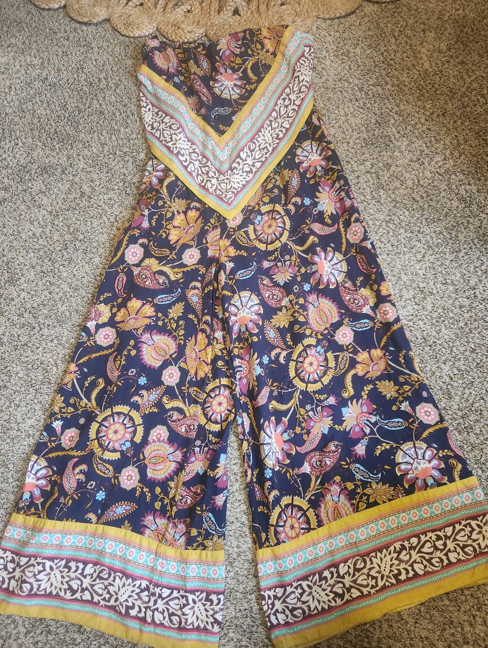 Anthropologie Navy Multi Paisley Floral Wide-Leg Jumpsuit